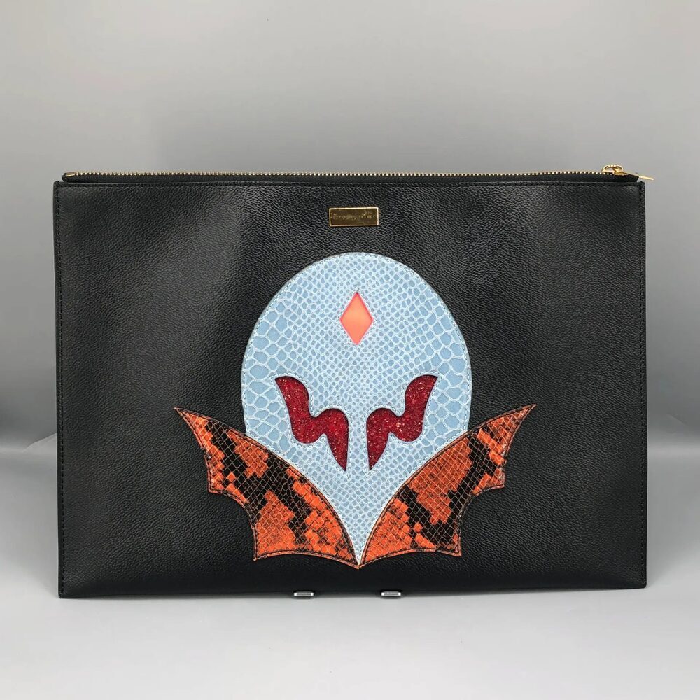 Stella McCartney Super Heros Black Clutch with Light Blue, Orange & Red Appliqué